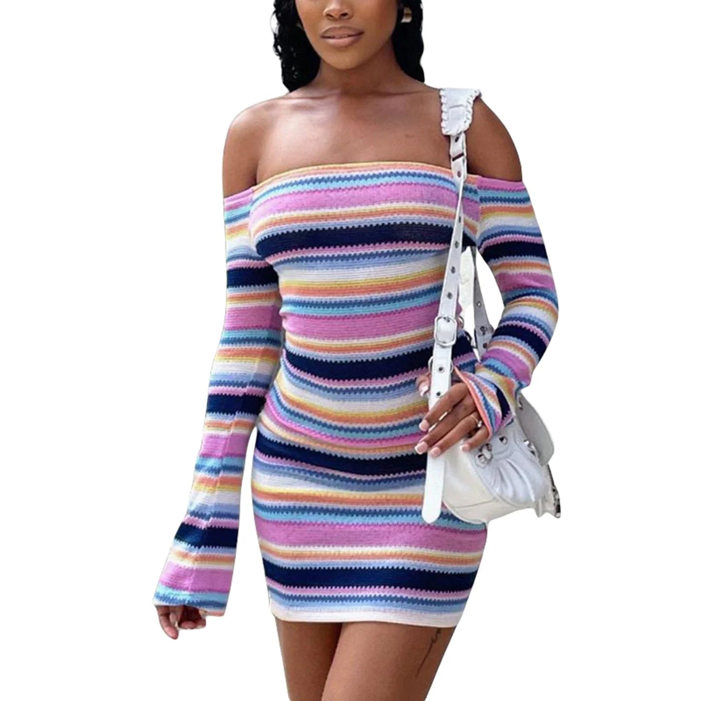 vmtvr Elegants Dress For Women O-Neck Autumn Knitted Dress Collision sweater long sleeve round neck striped dress