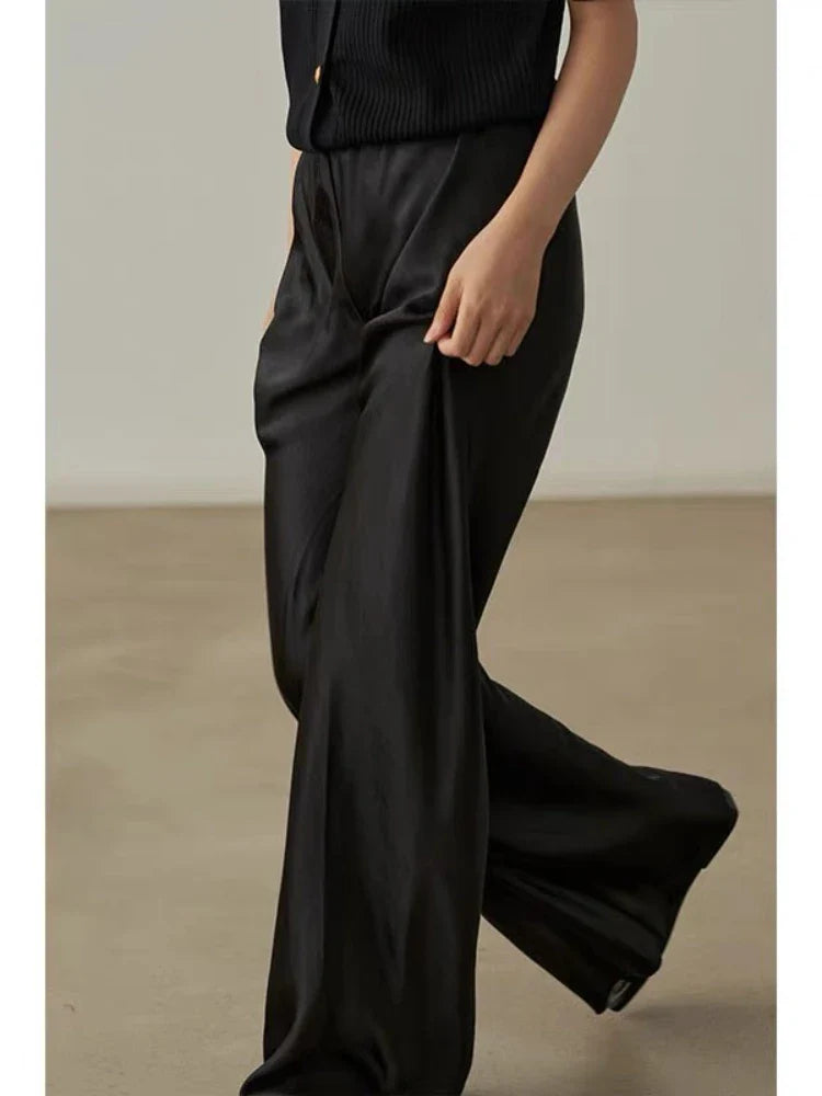 vmtvr Elegant Satin Wide Leg Pants Summer Women's Trousers Casual Baggy Korean Fashion 2024 Female Office Wear Black Pants