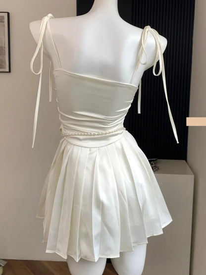 vmtvr Y2K Satin Short Dress with Belt Chain Women New Summer Solid Spaghetti Strap Slim A-line Pleated Korean Chic Sexy Party Dresses