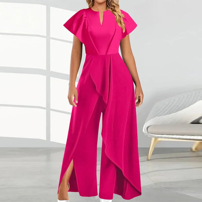 vmtvr Spring Solid V Neck Irregular Party Jumpsuit Women High Waist Wide Leg Split Pants Rompers Summer Short Sleeve Straight Overalls