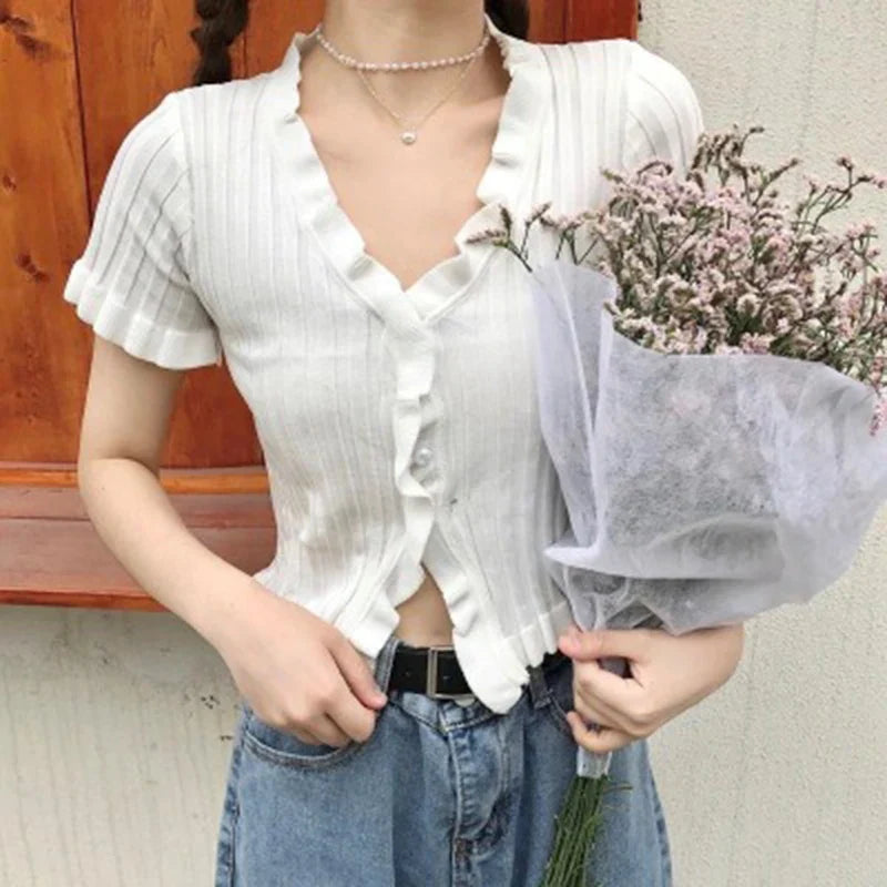 vmtvr Vintage Ruffles Women Knitted T Shirts Summer Korean Short Sleeve Crop Tops Button Up Sexy V Neck Cardigan Female Tees