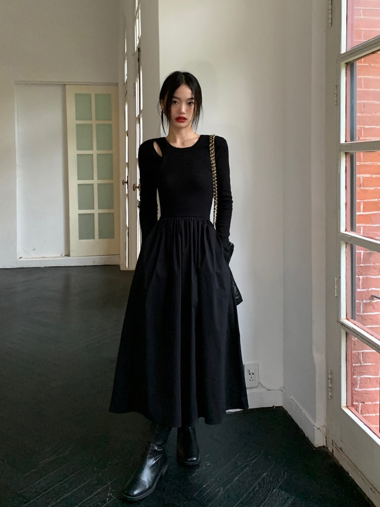 Vintage Knitting Maxi Wedding Dresses for Women Clothing O Neck Office Lady Casual Pockets Bodycon Midi Dress Winter Black