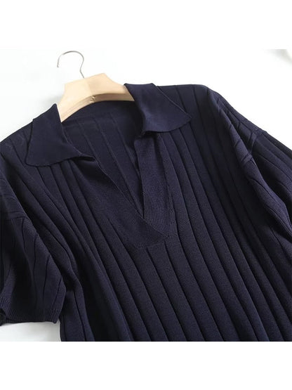 New Autumn Women Vintage Navy Blue Short Sleeve Rib Knit Dress Office Ladies Side Slits Casual Loose Midi Dress