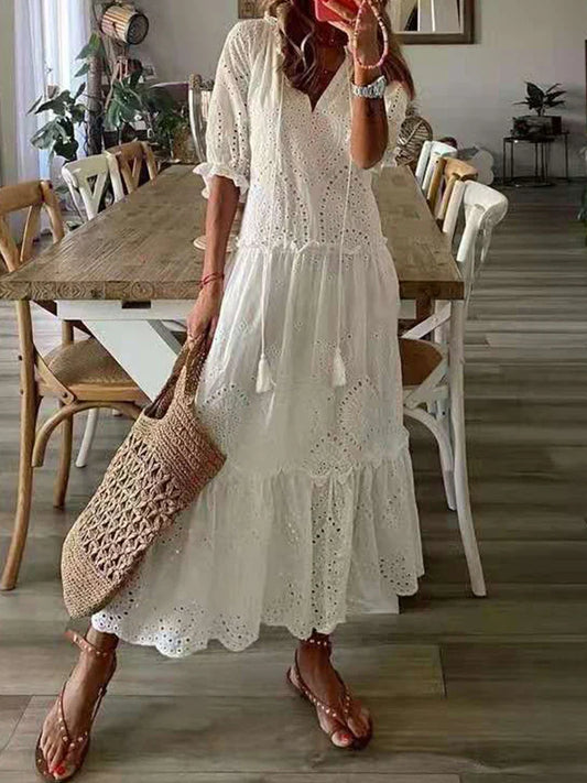 vmtvr  -  Casual Hollow Out V Neck White Lace Maxi Dress Vintage A-line Loose Embrioderied Floral Print Bohemian Long Sundress