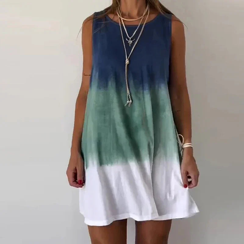 Shdowlass  -  Elegant Round Neck Sleeveelss Loose Party Dress 2024 Women Fashion Tie Dye Print Pullover Short Dress Summer Casual Mini Dress