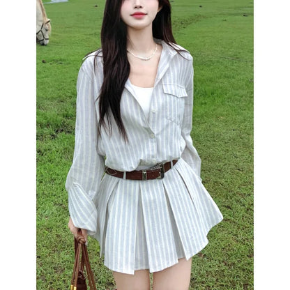 vmtvr Long Sleeve Striped Shirt Dress Female Long Sleeve Autumn 2000s Vintage Y2k Slim Dress Office Lady Party One Piece Dress Korean