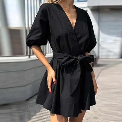 vmtvr 2024 Spring Sexy V-neck Lace-up A-Line Dress Women Casual Puff 3/4 Sleeve Solid Mini Dress Summer Elegant Pleated Party Dresses