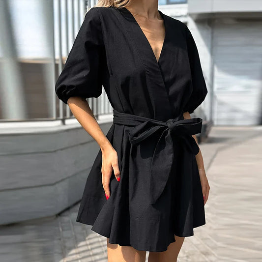 vmtvr 2024 Spring Sexy V-neck Lace-up A-Line Dress Women Casual Puff 3/4 Sleeve Solid Mini Dress Summer Elegant Pleated Party Dresses