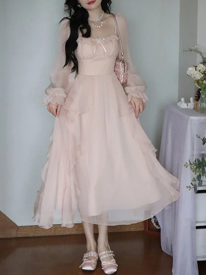 vmtvr Summer Pink Chiffon Vintage Fairy Dress Women Korean Style Elegant Party Midi Dress Female Court Retro Flare Sleeve Dresses