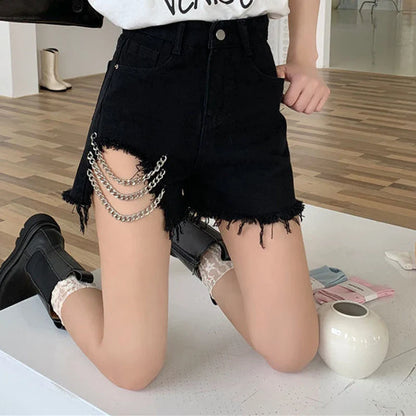 vmtvr Summer Harajuku Chain Denim Shorts Fashion High Waist Hollow Out Shorts Women Jeans Casual A-line Pants Sexy Streetwear Shorts