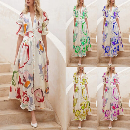 vmtvr - Dresses For Women  Summer Sexy Print Long Maxi Dress Ladies Elegant Button Up Boho Floral Ruffles Pink Robe Vestidos