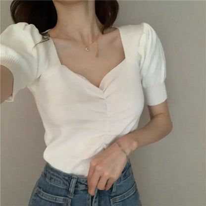 vmtvr Summer Women Solid Slim Knitted T-shirt Versatile Fashion Short Tees Female Korean Clothing V-neck Short Sleeve Casual Sexy Tops