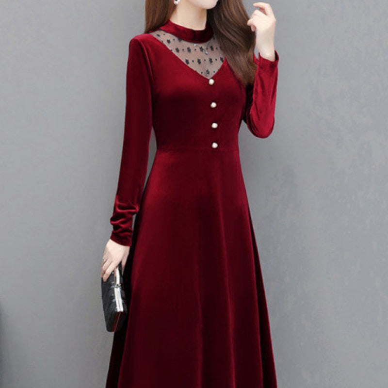 Women Autumn Winter Velvet A-Line Dress Office Lady Long Sleeve Party Lace Patchwork Midi Dresses Casual Elegant Vesitos Female