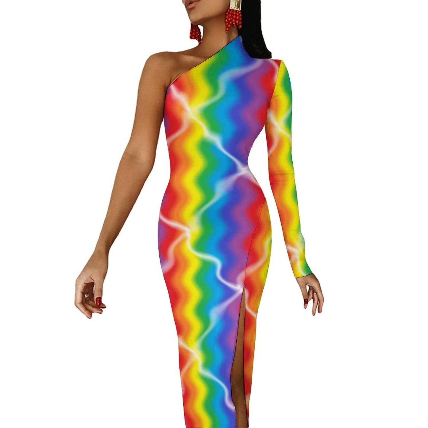 Rainbow Colors Maxi Dress Long Sleeve Colorful Aesthetic Cute Bodycon Dress High Slit Party Long Dresses Women Pattern Vestidos