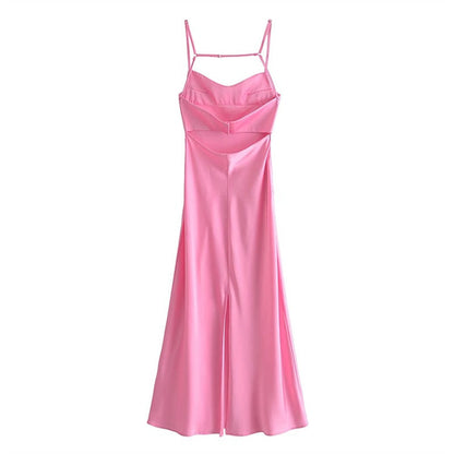 vmtvr -  New Women Hollow Design Silk Satin Texture Midi Suspender Dress Summer Sexy Revealing Back Slit Slim Pink Dress