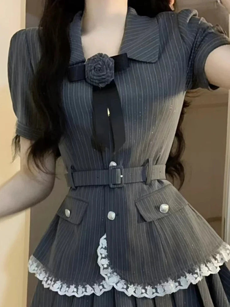 vmtvr Elegant Striped Two Piece Dress Set Women Short Sleeve Y2k Ruffles Crop Top Blouse + Mini Skirt Summer Fashion Korean Sets