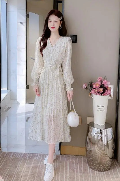 vmtvr New Spring Summer Fashion Print Midi Dresses for Women Long Sleeved V-neck Party Birthday Slim Cute Sweet Fairy Dress Korean