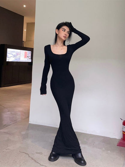 Y2K Sexy Black Dress Women Vintage Wrap Slim Bodycon Long Dresses Party Evening Square Collar  Fashion Spring Outfits