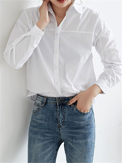 Cotton White Casual Women's Blouse  New Autumn Turn-Down Collar Female Blouse Tops Basic Workwear Office Shirts