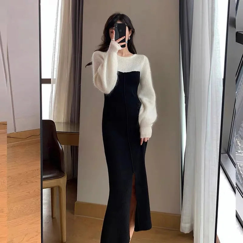 vmtvr Women's Sweater Split Long Dress Autumn Winter Fashion Elegant Lady Patchwork Long Sleeves Knitted Dress Women's Clothing