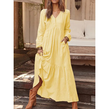 vmtvr  -  Autumn and Winter Women's Clothing V-Neck Button Cotton Linen Retro Casual Long Sleeves Large Swing Long Dresses