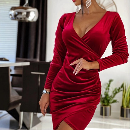 Velvet Dress Autumn Women  Long Sleeve Turtleneck Bodycon Mini Dresses Solid Slim Party Dress Clubwwear Vestidos De Noche