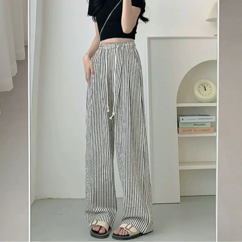 vmtvr American Vintage Trendy Vertical Stripe Wide Leg Pants Women Summer Elastic High Waist Drawstring Pocket Loose Straight Trousers