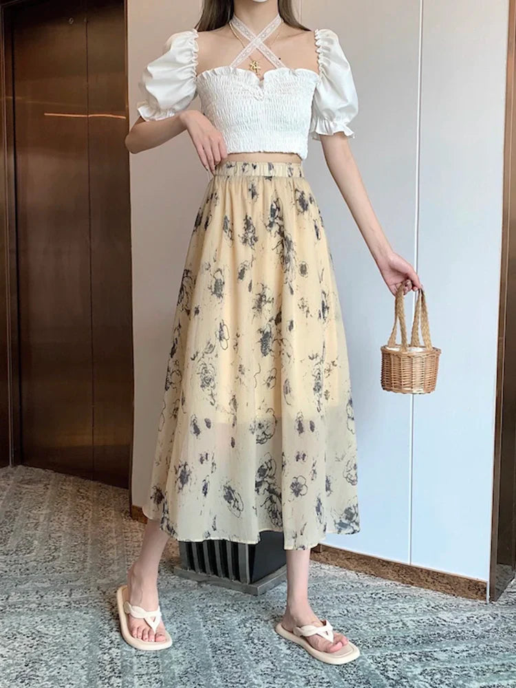 vmtvr Vintage Print Floral Women Skirts Elastic High Waist Elegant A Line Ladies Midi Skirts Summer Korean Casual White Skirt