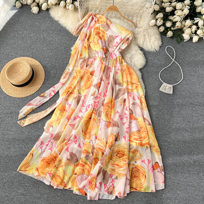 vmtvr Summer Oblique Chiffon Bohemian Maxi Dress Women's Bow Off One Shoulder Floral Print High Waist Holiday Beach Long Dress