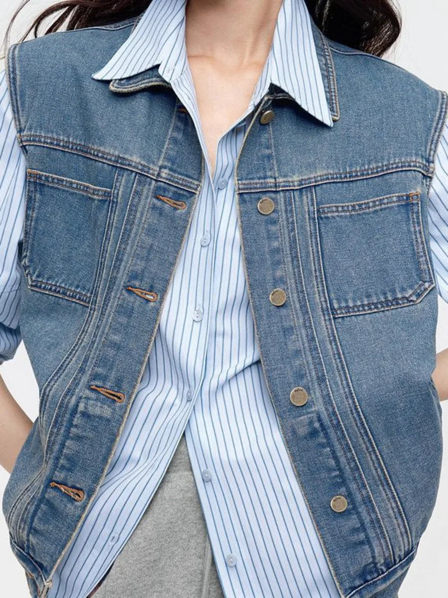 vmtvr Vintage Denim Vest Jacket Women Spring Summer Sleeveless Casual Top Blue Jean Waistcoat Coat Lady Oversize Pocket Outerwear