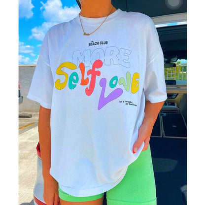 -Retro sports style outfit streetwear 90s fashion Women Graphic Printing Self Love White Loose T shirts Short Sleeve Cotton Vintage Top  Summer Ins Fashion Y2K Street Shirts