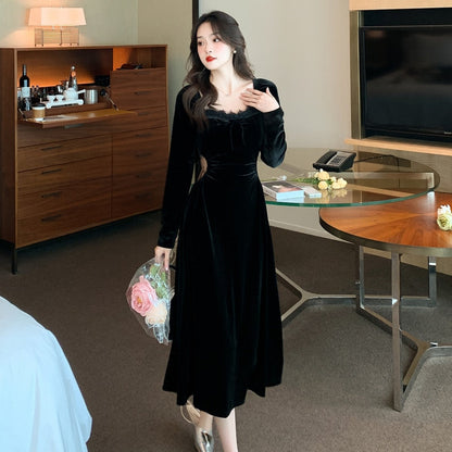 vmtvr -  New Spring and Fall Vintage Black Long Sleeve Dress Woman Elegant Fashion Velvet Midi Dress Korean Style Even Party Dresses