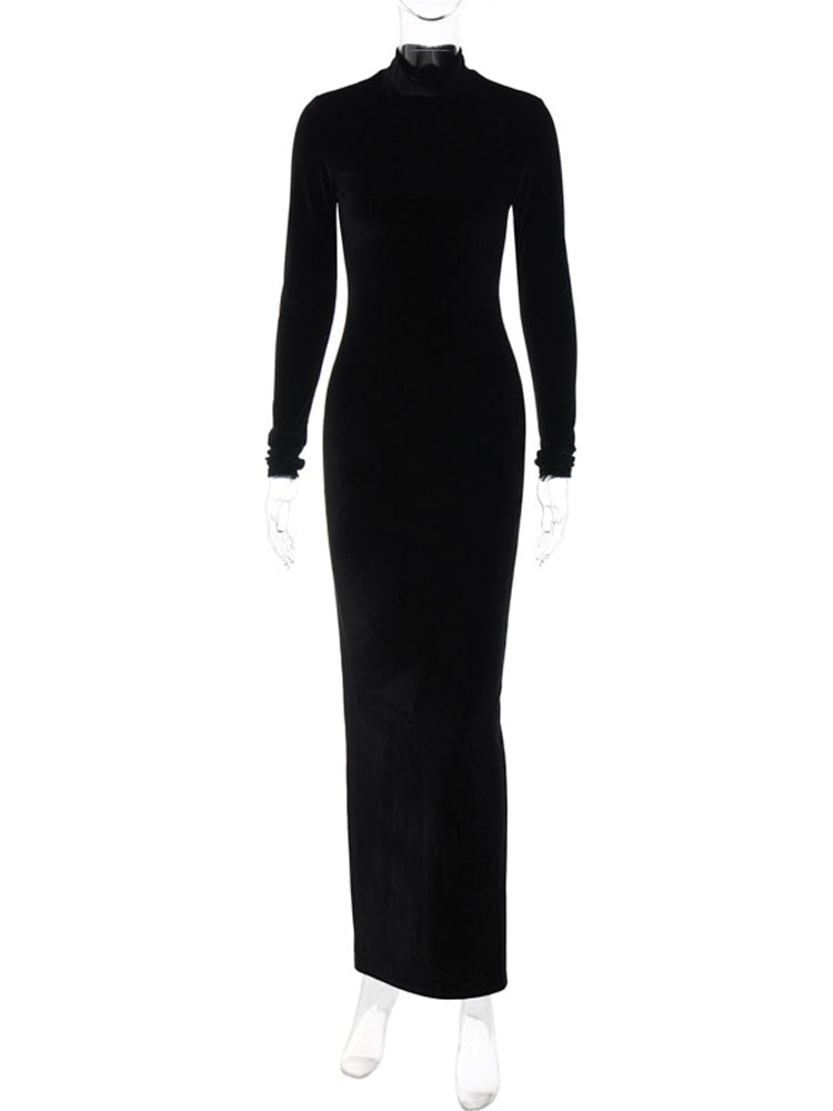 Long Sleeve Elegant Black Velvet Bodycon Maxi Dress For Women Ruched Party Evening Long Dresses 2023 Spring Female Clothes