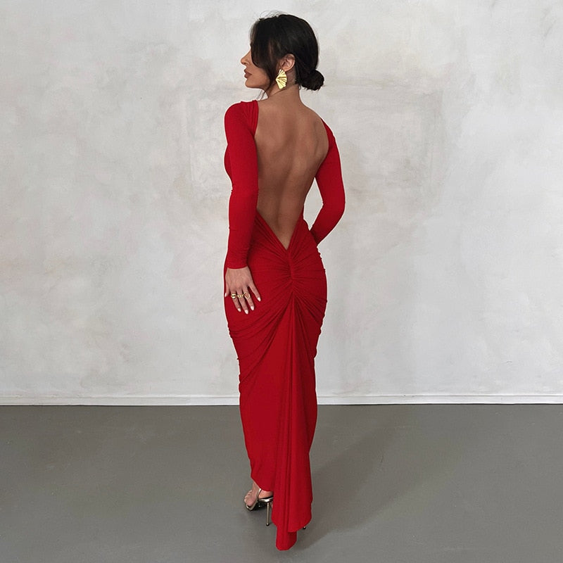 vmtvr - Backless Maxi Dress Elegant Red Long Sleeve Sexy Ruched Bodyocn Evening Party Dress for Women Spring Slim Christmas Outfits