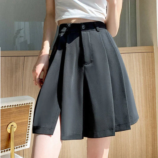 vmtvr Fashion Women Suit Shorts Summer Casual Streetwear Slit Female Loose Shorts All Match High Waist Black Wide Leg Pants