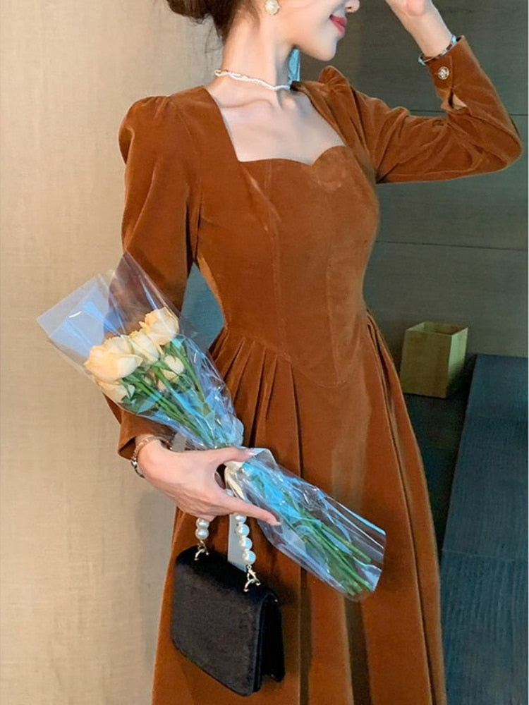 vmtvr - France Vintage Dress Women Autumn Winter Solid Retro Elegant Evening Party Midi Dress Long Slevee Korean Style Dress Fairy