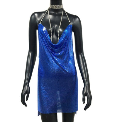 Sexy Gold Sequined Patchwork Mini Dress Women Sleeveless Low Cut Metal Chains Halter Slim Charming Nightclub Party Dresses