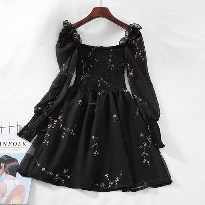 vmtvr - Autumn Womens Sexy Black Dress Vintage Flower Long Puff Sleeve Chiffon Dresses Korean Casual Mini Vestidos Mujer Clothes 13676