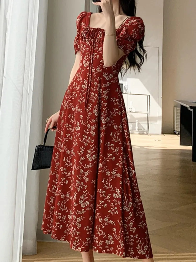 vmtvr Women's Vintage Slim Split Maxi Dress Floral Casual Red Dress Female Fashion Korean Chic Boho Beach Party Spring Summer New