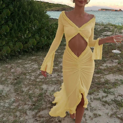 vmtvr  -  Yellow Sheer Beach Dress Women Fashion Long Sleeve Slim Maxi Evening Party Dresses Summer Sexy Hollow Out Ruffle Dress