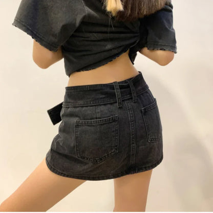 vmtvr Low Waist Women Mini Skirts Black Summer Belt Sexy A Line Denim Skirts Korean Fashion Streetwear New  Y2K Jeans Skirt