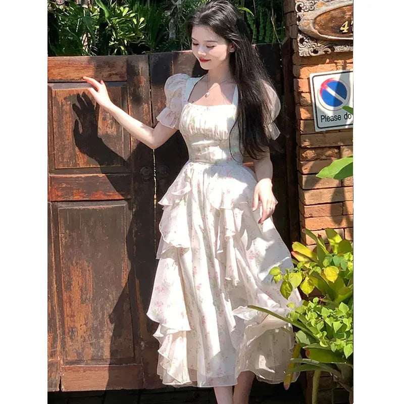 Retro Floral Print Dress Women Chic Square Collar Princess Style Midi Dress Female Puff Sleeve Korea Elegant Fairy Dress Vestido