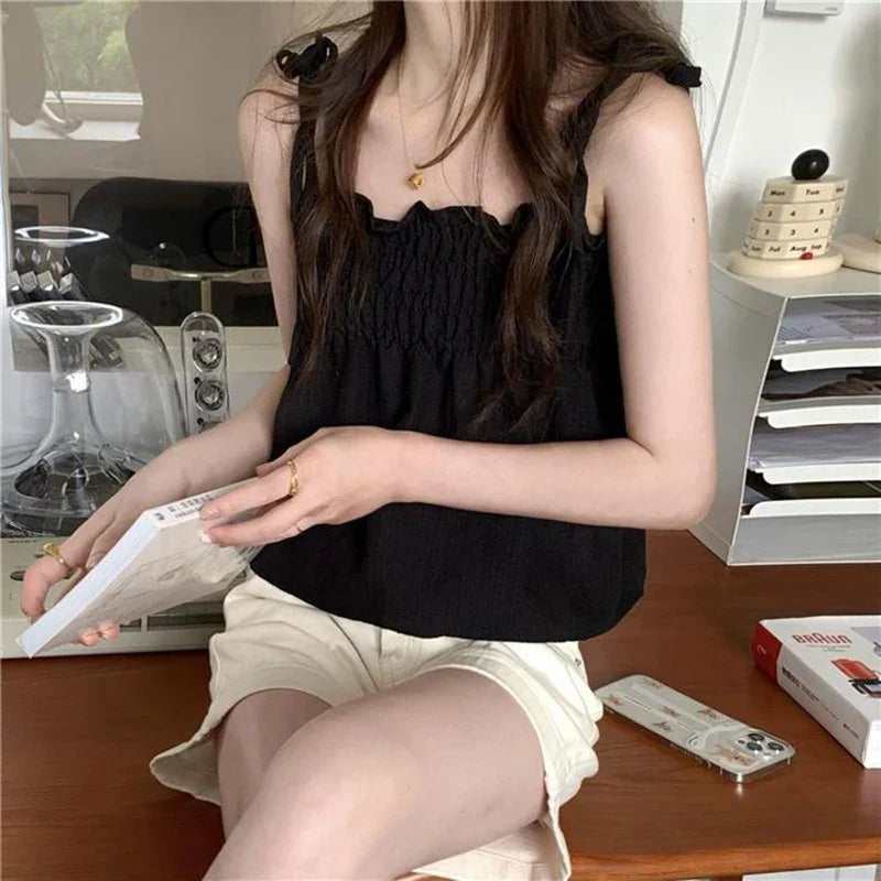 vmtvr Sexy Off Shoulder Camis Women Summer Ruched Loose Lace Up Tops Y2K All Match Female Korean Black Tanks New