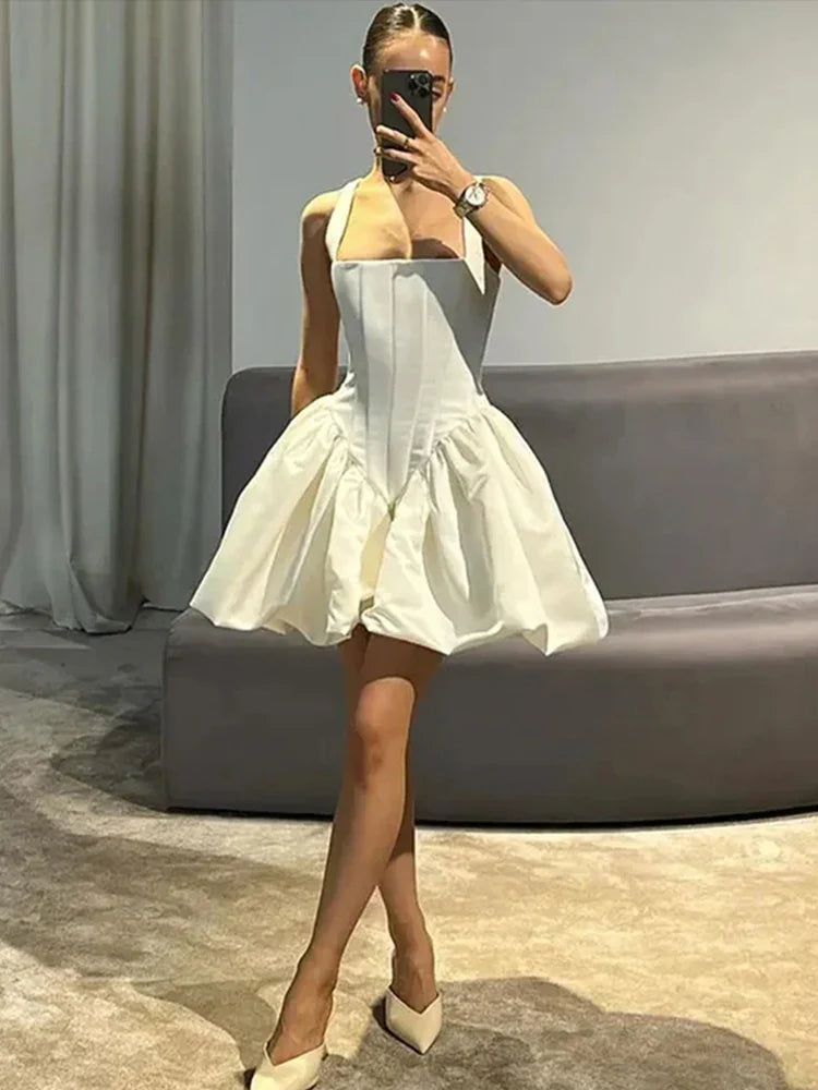 vmtvr  -  Satin Mini White Dress Women Spaghetti Strap Ruffles Backless Pleated A-line Dresses Summer Banquet Evening Party Looks