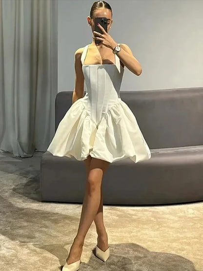 vmtvr  -  Satin Mini White Dress Women Spaghetti Strap Ruffles Backless Pleated A-line Dresses Summer Banquet Evening Party Looks