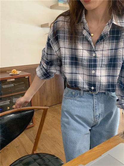 vmtvr Women Blouse Female Shirt Summer Womens Blouses Spring Blusas Casual Elegant Vintage Long Sleeve Cotton Oversize Loose Plaid