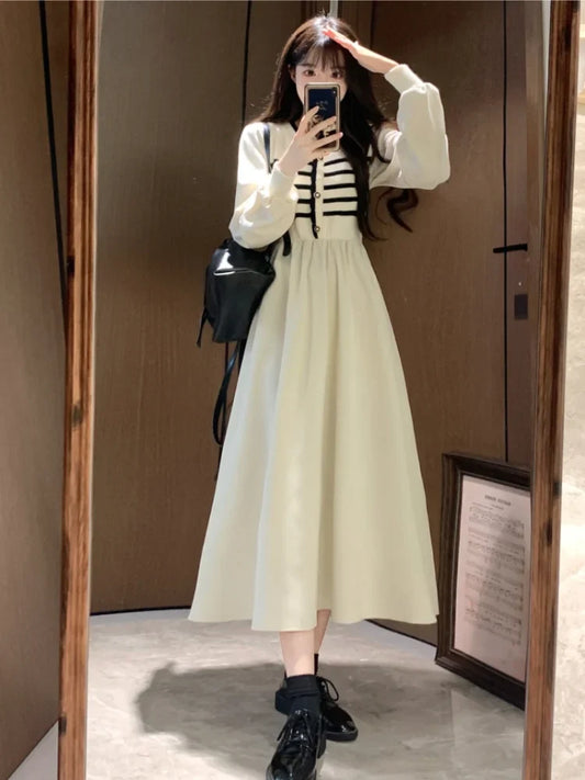 vmtvr  -  Autumn and Winter Korean New Version of the Fashion V-neck Large Size Midi Fake Two-piece Knitted Splicing Loose Skinny Dresses