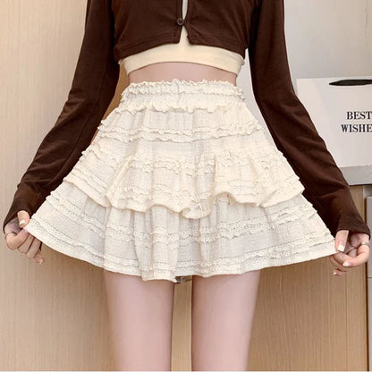 vmtvr Sweet Cute Lace Mini Skirt Women Kawaii White Ruffles Pleated Skirts Summer Korean High Waist Black Casual A Line Skirt