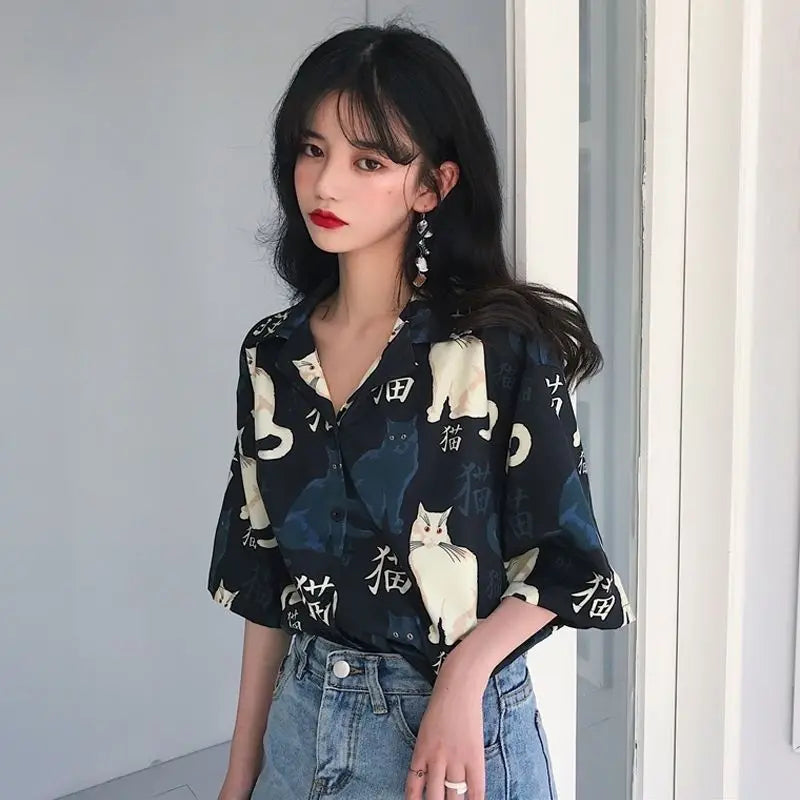 vmtvr Korean Clothing Sweet Women Fashion Short Sleeve Shirt Summer Simple Tie Dyed Loose Versatile Kawaii Pretty Chic Casual Blouse