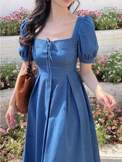 vmtvr Summer Vintage Elegant Fairy Dress Women Short Sleeve Y2k Causal Midi Dress Female Solid Korean Fashion Chic Party Dresses